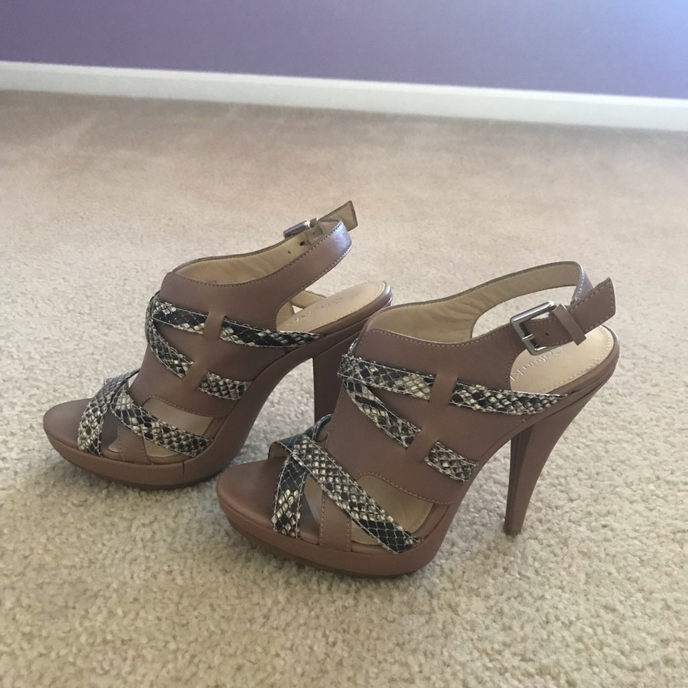 Calvin Klein High Heel Sandal in taupe/ multi snake skin.
